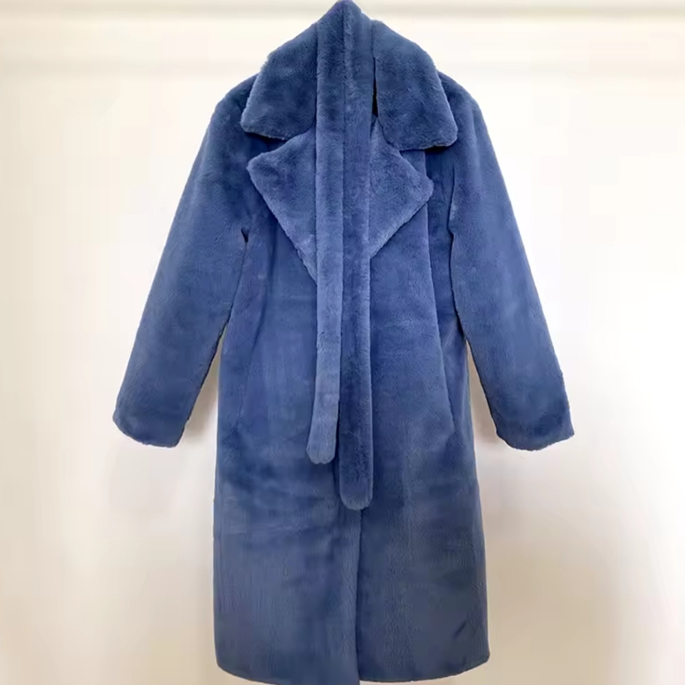 Luxury Winter Long Overcoats Women Oversized Lapel Belted Faux Rabbit Fur Coat - Picture 12 of 16